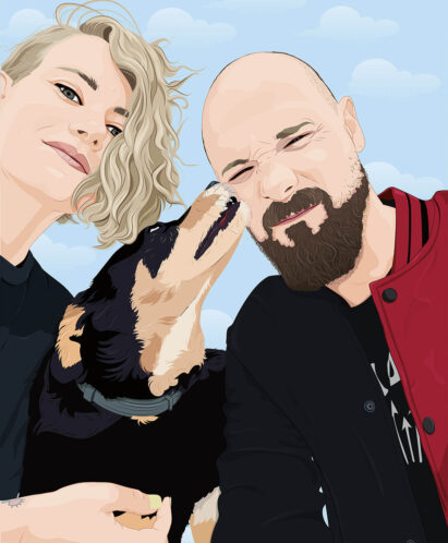 Retrato ilustrado de una pareja con perro.