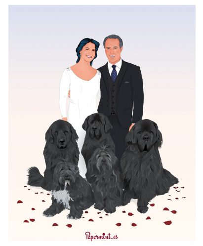 Retrato de boda personalizado con mascotas