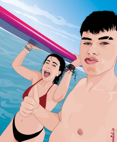 Retrato pareja surfistas.