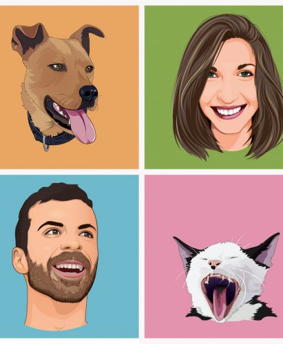 Retrato ilustración con viñetas de dueños con mascotas